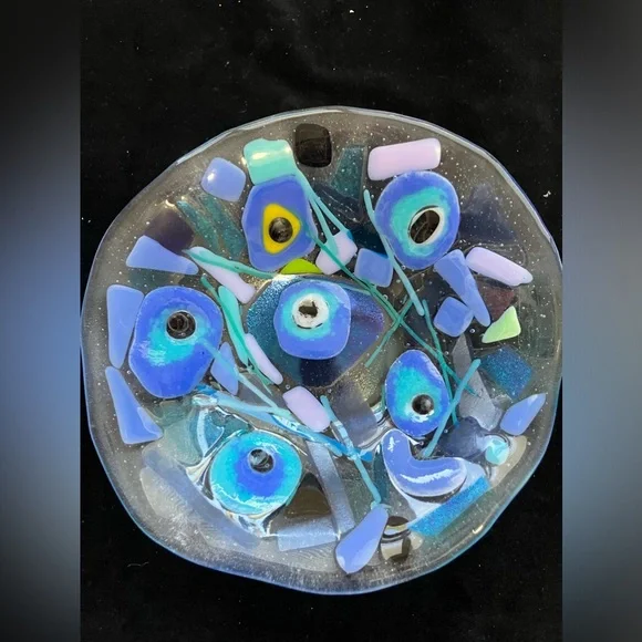 Island Memories Design Glass”Fused Art Glass Handmade 7”x3”Bowl Clear - Picture 1 of 10